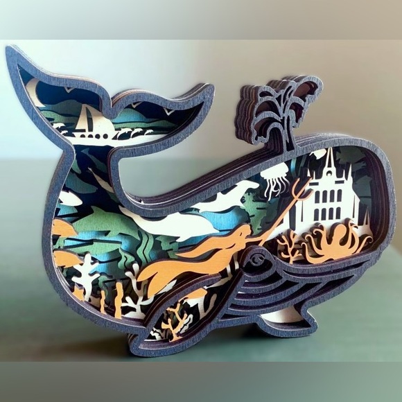 Underwater Creatures Ocean Fantasy Atlantis Mermaid Whale Wood 3D Figure Diorama - Picture 1 of 4